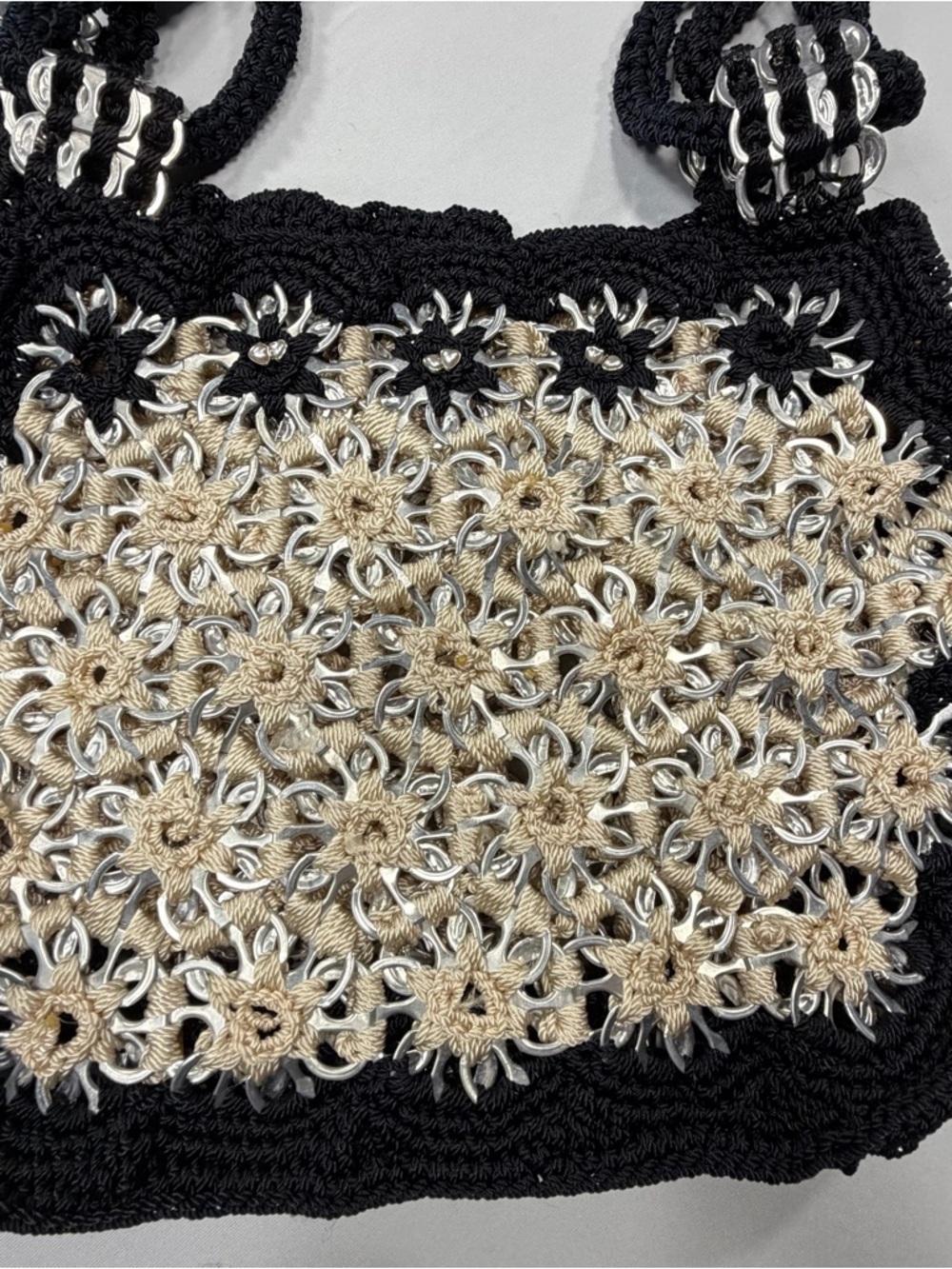 Upcycled Pop Soda Tab Crochet Shoulder Bag Black Cream Handmade Boho Festival - Picture 7 of 10